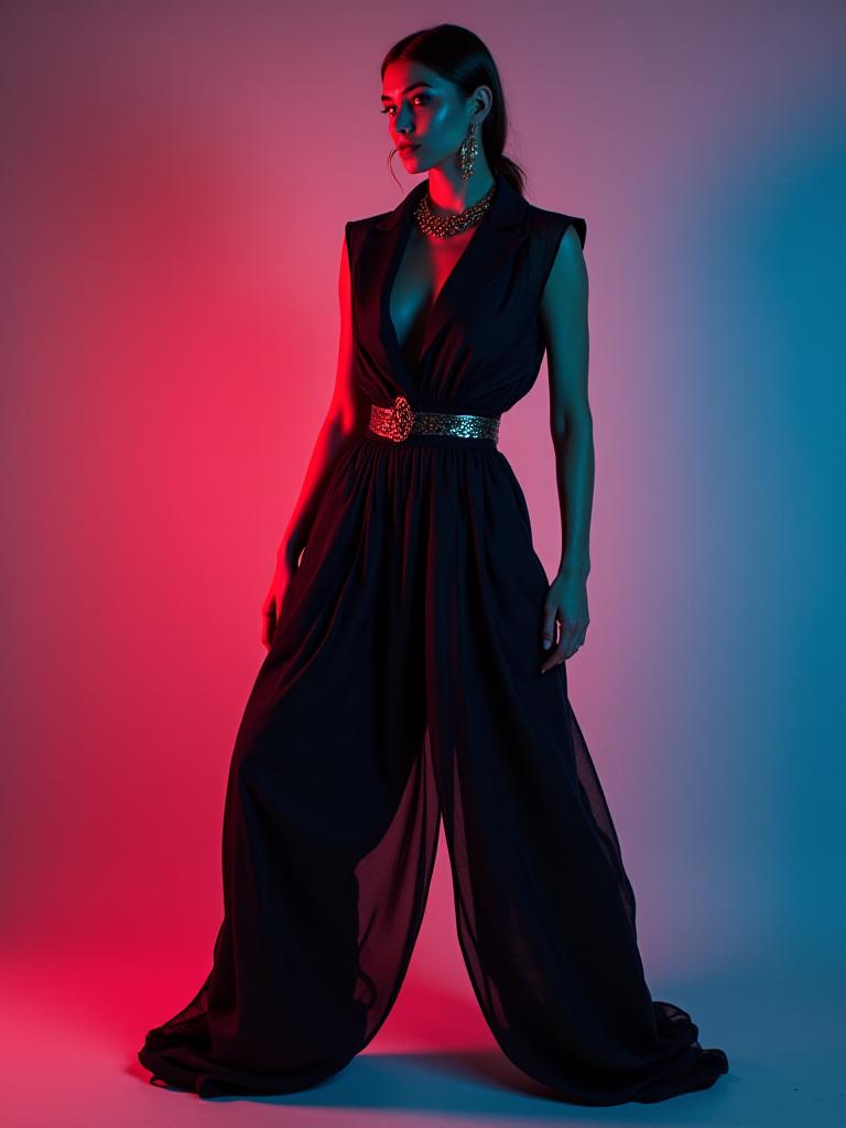 A high-fashion model posing in a studio setting.